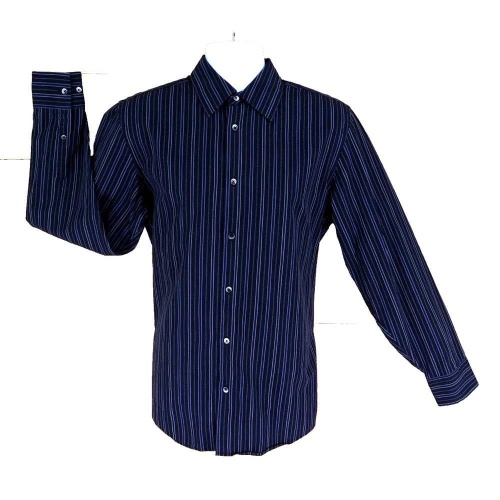 Calvin Klein Dress Shirt Mens M Very Dark Blue Striped 100% Cotton Point‎ Collar